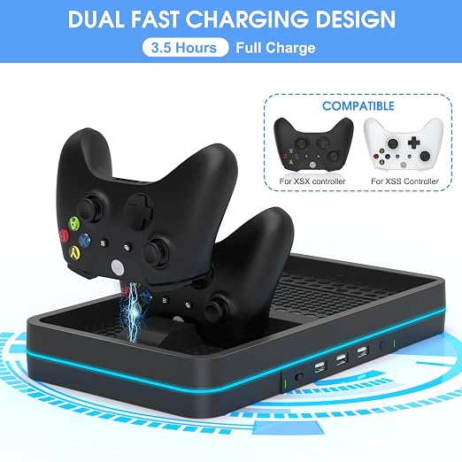 KEPLUG Dual Cooling Fan and Cooling Stand for Xbox Series X/S Console/Controller Dual Controller Charger Station with RGB LED Light & 3 USB Ports,Xbox Series x Accessories with 2 Headphone Hooks