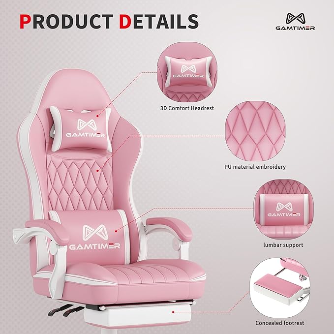 Gamtimer Gaming Chair with Footrest, Ergonomic Computer Chair, PU Breathable Material with Headrest and Lumbar Support, Suitable for Silla Gamer and Adults(Pink)