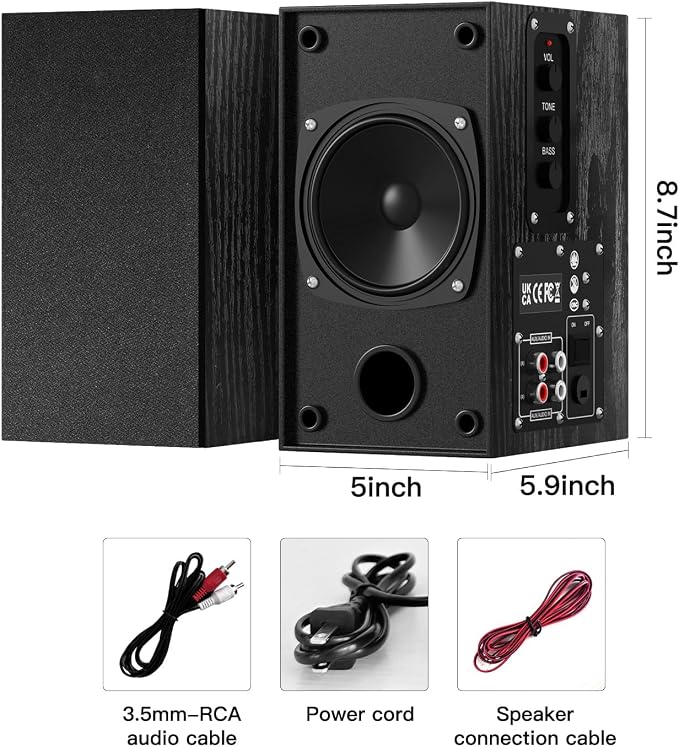 Elimavi 30W X 2 Powered Bookshelf Speakers - 3.5-RCA Input for Turntable, TV, PC, Record Player Speakers with 4 Inch Woofer & Wall Mounted