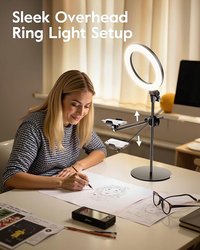 Ring Light Overhead Camera Mount for Desk, LUXSURE 10.5" Ring Light with Stand for iPhone, Adjustable Overhead Tripod with Shooting Arm & Phone Holder for Video Recording, Content Creation, Cooking