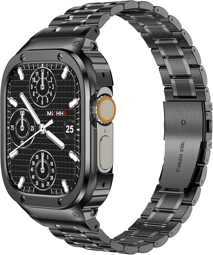 MioHHR Stainless Steel Watch Band with Case Compatible with Apple Watch Ultra3 2 1(49mm),Rugged Strap with Metal Protective Bumper Cover for iWatch Band Men(Black)