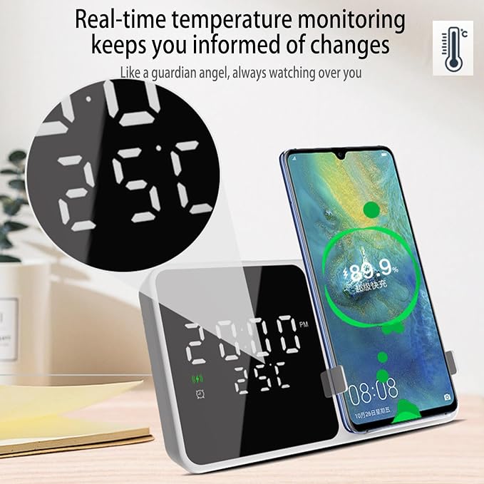 Multi-Function Wireless Charging Station with Digital Clock & Thermometer, 15W Fast Qi-Certified Charger, Alarm Clock, Fixed Stand Compatible with All Qi-Enabled Phones-W5 White