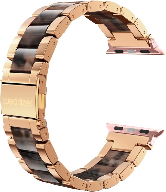 Wearlizer Compatible with Apple Watch Bands 42/44/45/46/49mm Wristband Womens Mens， Stainless Steel Fashion Resin Strap iWatch Series 11 10 9 8 7 6 5 4 3 SE/Ultra 3 2 1-Dark Rose Gold+Tortoise