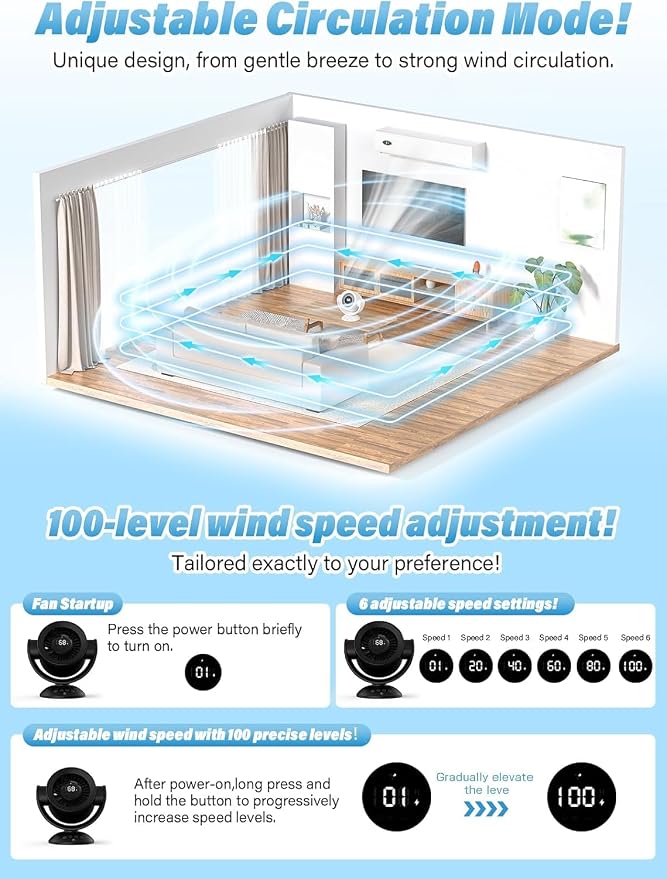 Desk Fans for Bedroom，Air Circulator Fan，90°Vertical +120°Auto Oscillating,100 Speeds, 10H Timer, Quiet Fan,Digital Display Rechargeable USB, with Remote, for Home, Office（Black）
