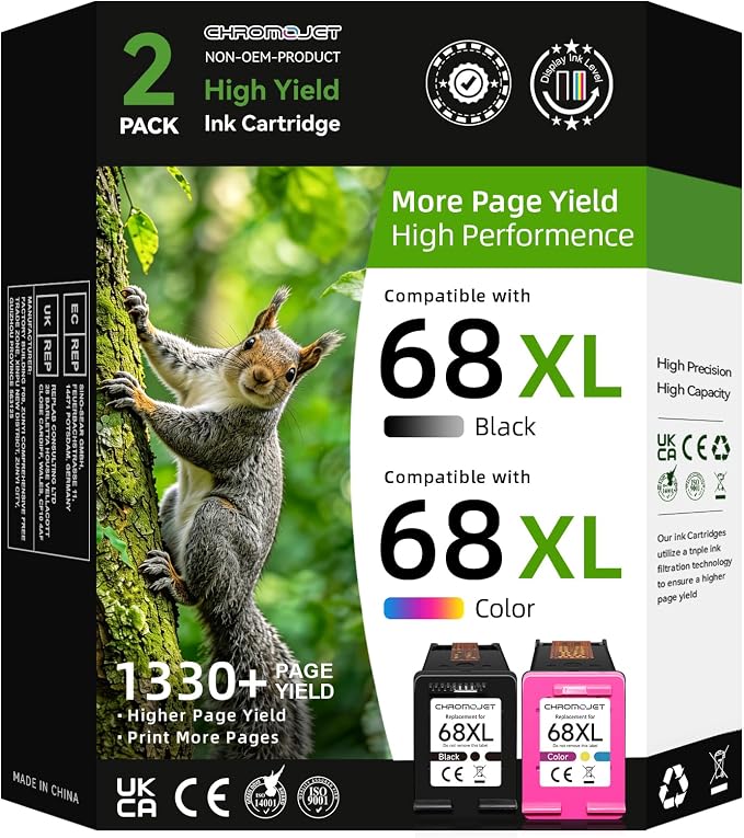 68XL 68 Ink Cartridges Black/Color Combo Pack Compatible for HP 68 Ink Cartridges High Yield Replacement for HP Ink 68 fit for Envy 6155e 6555e 6100e 6500e 6558e 6152e 6552e 6555e Printer(2 PACK)