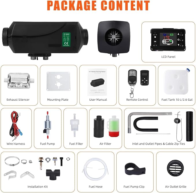 12V 8KW Diesel Air Heater,With Muffler No-Punching 9L, Portable Diesel Heater With Knob Switch Tank，Remote Control and Lcd Display Diesel Heater for Car Rv Trailer Van Boat