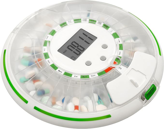 Automatic Pill Dispenser with Flashing Light, Sound, Alarm and Safety Lock, 28-Day Electronic Medication Organizer – Dispense Vitamins and Tablets Up 6 Times/Day – Easy Read Display (Frosted)