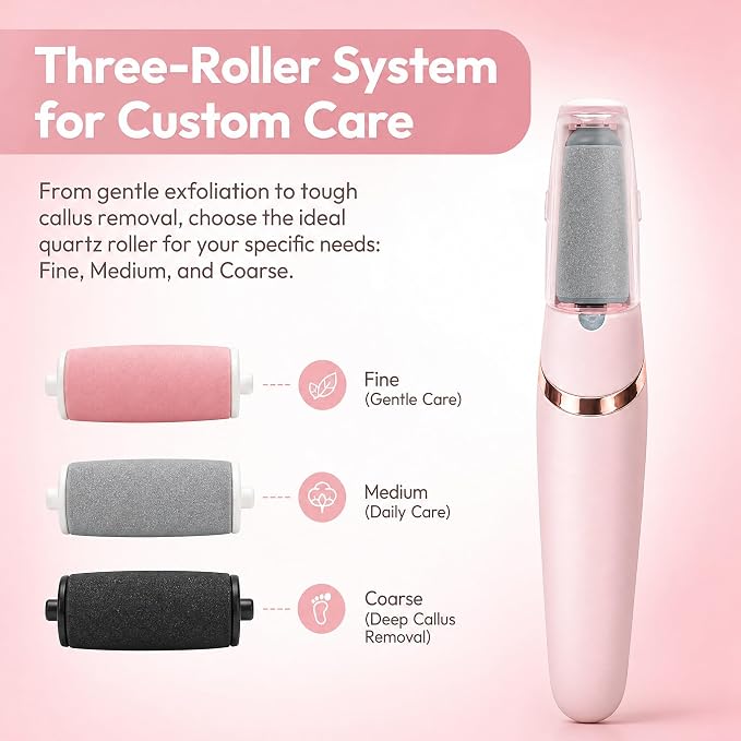 Electric Foot File and Callus Remover,Dual Roller Heads 2 SpeedsProfessional Pedicure Tools for Dry, Calluses, Dead, Cracked, Hard Skin,Equipped with 2 Grinding Heads and 1 USB&Cleaning Brush(Pink)