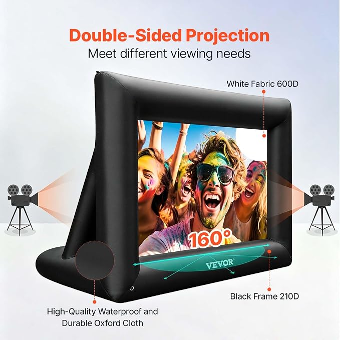 VEVOR Inflatable Projector Screen for Outdoor Use with 350W Air Blower, Oxford Fabric Material, Supports Front/Rear Projection,Black