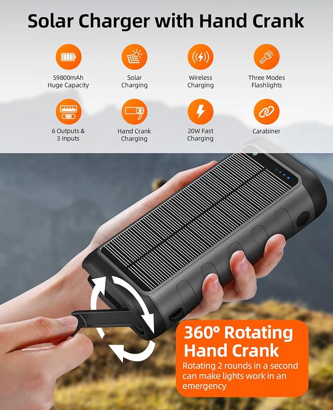 Solar Charger Power Bank 59800mAh, 15W Wireless Charging Compatible with iPhone Samsung Apple Watch, Outdoor Battery Pack, 3 Built in Cables & Hand Crank, Dual LED Flashlight for Camping Hiking Travel