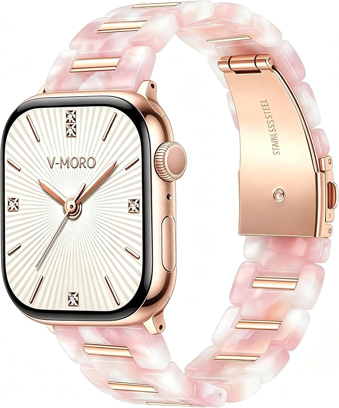 V-MORO Resin Metal Band Compatible with Apple Watch 42/44/45/46/49mm,Fashion Lightweight Bracelet with Polished Rose Gold Stainless Steel Inlay for iWatch Series 11/10/9/8/7/6/5/4/3/2/1/SE,Pink Flower