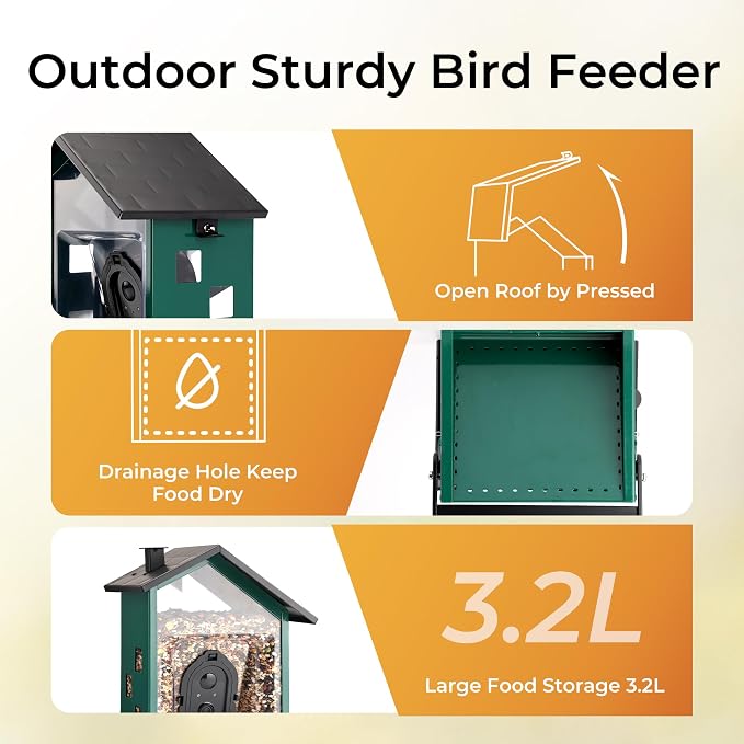 TT Nature Bird Feeder with Camera, Smart Bird Feeder with Heavy-Duty Chew-Proof Metal Casing, Solar Powered, AI Identify & Instant Notifications, 3.2L Large Capacity, Ideal Gift for Mother‘s Day