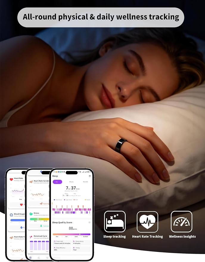 Smart Ring for Women Men Fitness Tracker Heart Rate Sleep Trends 128 Sports Modes Gesture Control Cycle Tracking IP68 Waterproof No Subscription Compatible with iPhone Android (Black, Size 8)
