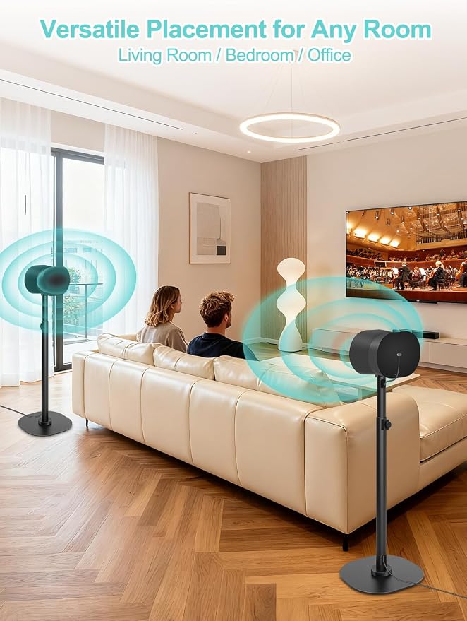 Haturi Speaker Stands Pair for Sonos Era 100, Era 100 SL & Era 300, Adjustable 22"–42" Floor Stands with Cable Management Heavy Duty Metal Construction Non-Slip Base for Living Room Bedroom Office