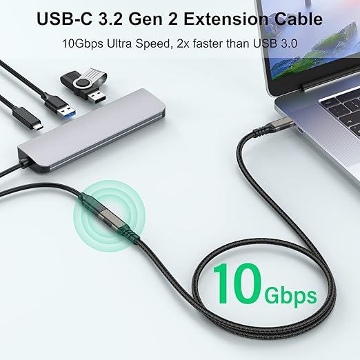 USB C Extension Cable 6.6ft USBC Male to Female Cord Support 4K Video Output, Fast Charge 100W, Data Transfer 10Gbps, USB 3.2 Gen 2 Extender for PC, Monitor, Carplay,Phone,Arzopa, KKY, SSD,Switch,Dock