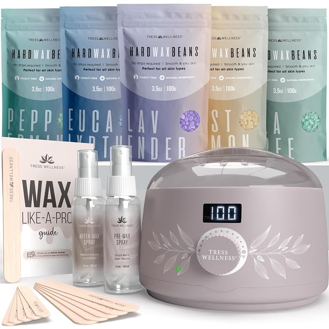 Tress Wellness Award Winning Waxing Kit for Sensitive Skin – Safe for Face & Skin, Easy to Use – At-Home Kit for Face, Bikini, Brazilian & Full Body - Digital Display, Dusty Lilac