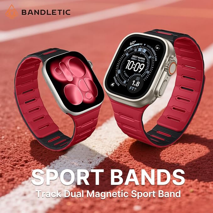 Bandletic Reversible Magnetic Straps Compatible with Apple Watch Bands 49mm/46mm/45mm/44mm/42mm(3/2/1) Men, Silicone Comfortable Strong Magnet for iWatch Series 11 10 Ultra SE3 9 8 7 6 5 4,Black Red