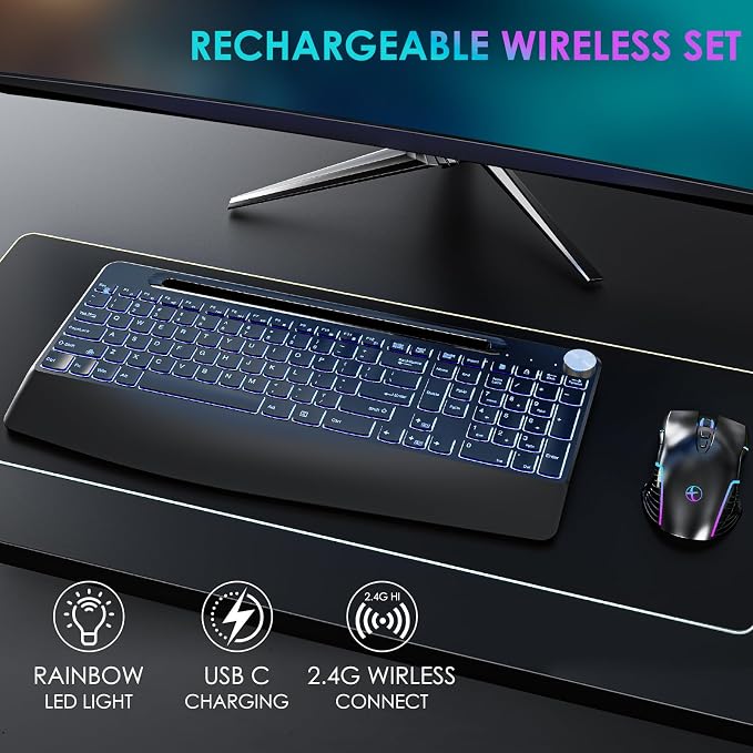 2.4G Wireless Keyboard with Mouse, Backlit Wireless Keyboard Mouse Combo,Rechargeable,with 7 Colored Backlits &Phone Holder &Wrist Rest &jiggler Mouse.Lighted up Full Size for Mac Windows Laptop PC
