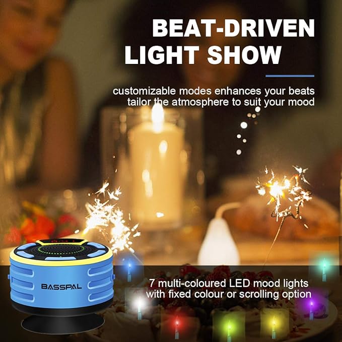 IPX7 Waterproof Speaker, Bluetooth Portable Wireless Shower Speakers with LED Display, FM Radio, Suction Cup, Light Show, TWS, Loud Stereo Sound for Pool Beach Home Party Travel Outdoors