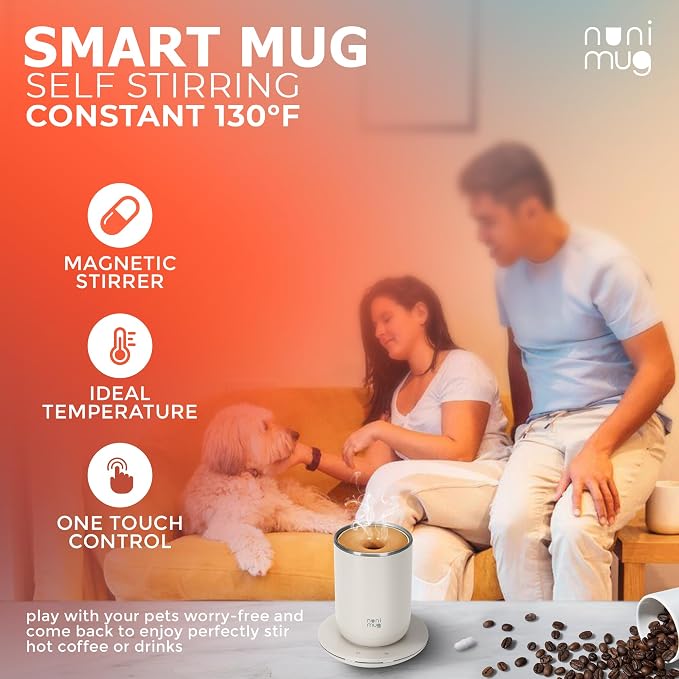 Self Stirring Coffee Mug- 10 Oz No Batteries Smart Dual Function 3 Temperature Levels Control to Stir & Heat Beverages - Powerful 12V Charger Airtight Lid bElectric Cup in a Gift Box (White)