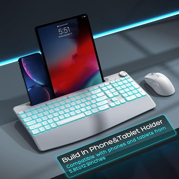 GAMCATZ Wireless Keyboard and Mouse Backlits - Full-Sized Ergonomic Lighted Keyboard with Wrist Rest, Phone Holder,2.4GHz Rechargeable Silent Keyboard Mouse Combo for Computer, Laptop, PC, Mac -White