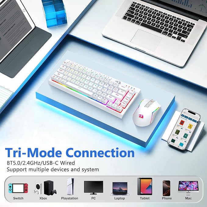 Redragon Wireless Gaming Keyboard and Mouse Combo, Bluetooth/2.4G/USB-C Wired, RGB Backlit, 60% Portable Quiet Rechargeable Macro Membrane Keyboard & 12800 DPI Mouse for Win/MAC, White
