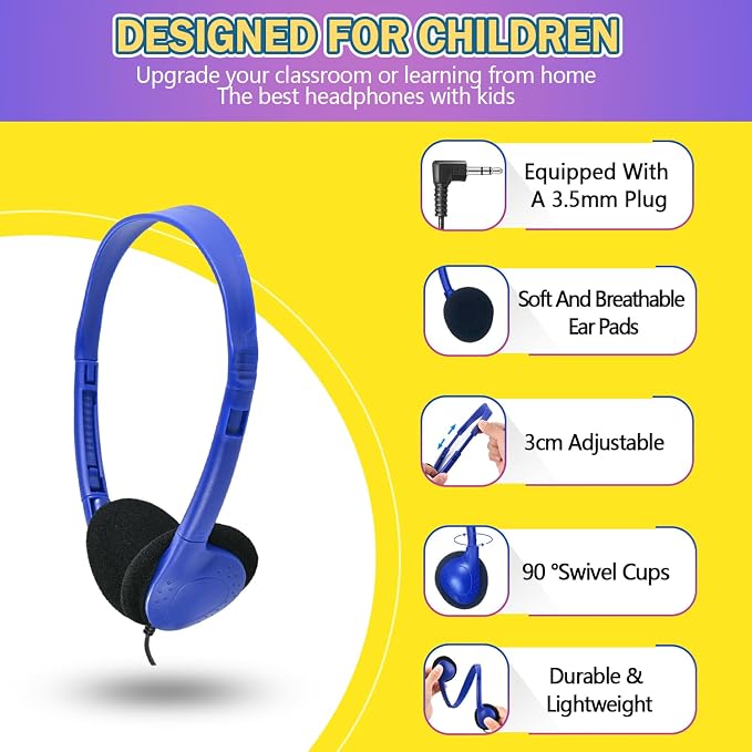 Classroom Headphones Bulk 50 Pack Class Set for School Students Kids and Adult -Sturdy Wired 3.5mm Plug (Mixed, 50 Pack)