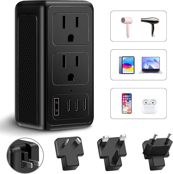 220V to 110V Voltage Converter US to Europe for Hair Dryer, Upgrade 2000W Power Converter for European Travel with Type C A G I, International Universal Travel Adapter with 1 USB A & 3 Type C (Black)