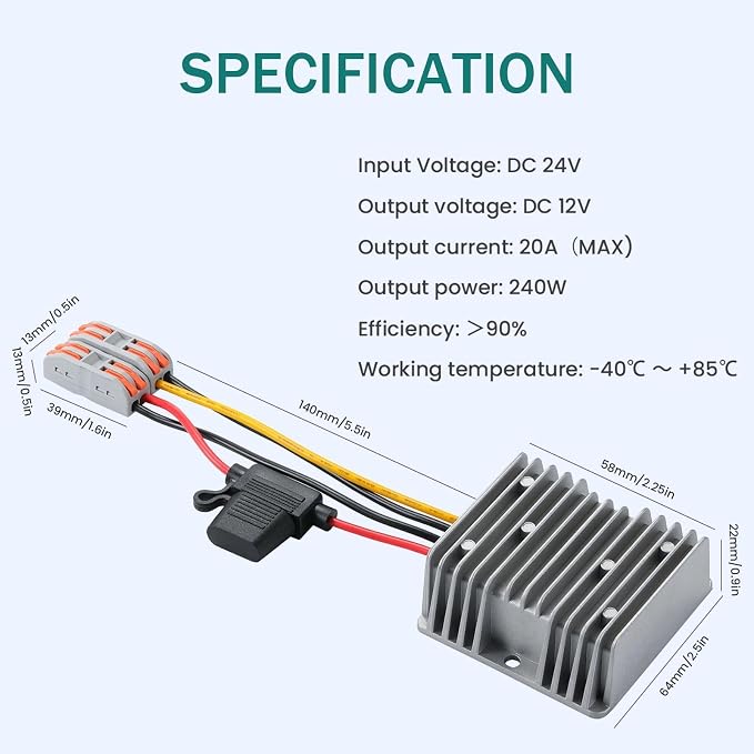 20A 240W DC Converter 24V to 12V Step Down Converter DC Buck Converter Transformer Power Supply Compatible with Vehicle Cart Truck Volt