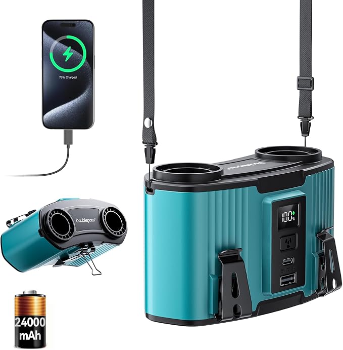 Doublepow 24000mAh Portable Waist Fan, Personal Fan, Dual Air Ducts Motors, Rechargeable Clip On Belt for Working, 10 Speeds 45H Wearable Neck Cooling, for Outdoor Work, Travel, Power Outage (Blue)