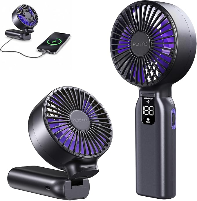 Funme Portable Handheld Fan, 10000mAh Personal Fan with Power Bank, 1-100 Speed Scroll Wheel Control, 46H Max Cooling&Storm Mode, LED Display, Metal Body, Foldable Desk Fan for Travel office, Blue