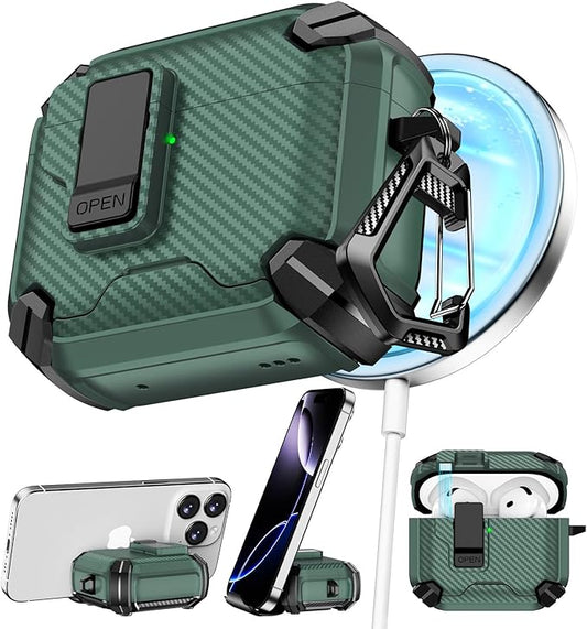 Pohgelan Compatible with AirPods 4 Case,Magnetic Automatic Lock with Phone Stand & Cleaning Kit,Compatible with Magsafe,Carbon Fiber Texture Cover -Green