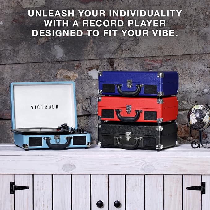 Victrola Journey Bluetooth Portable Suitcase Record Player – with Built-in Speakers, 3 Speed Vinyl Record Player, RCA Out, Headphone Jack (Gray)