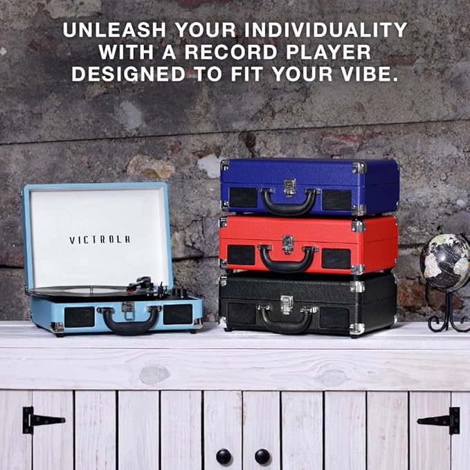 Victrola Journey Bluetooth Portable Suitcase Record Player – with Built-in Speakers, 3 Speed Vinyl Record Player, RCA Out, Headphone Jack (Turquoise)