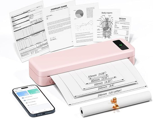 Portable Printers Wireless for Travel, A285M Bluetooth Inkless Thermal Printer Support 8.5" X 11" & A4 Thermal Paper, Small Mobile Printer Compatible with iPhone Android Laptop for Home Receipt, Pink