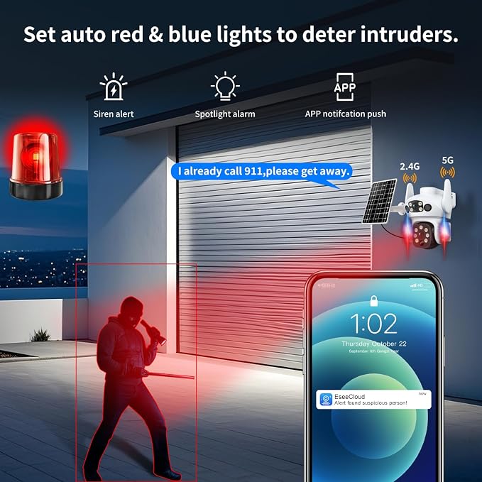 Solar Camera Outdoor Wireless, Dual Lens Security Camera for Home & Farm, Light Alarm & Color Night Vision, Outdoor Camera Two-Way Audio (1 Pack)