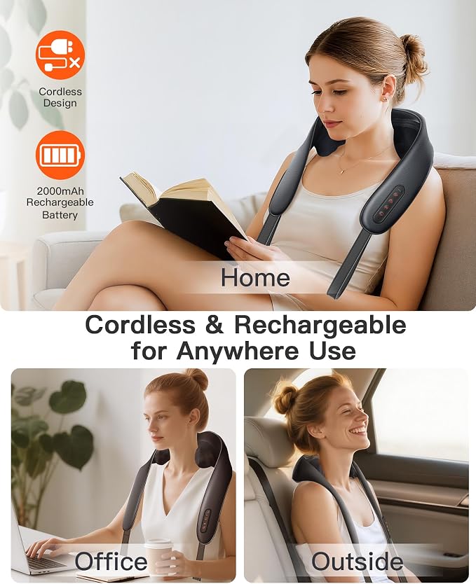 JZBRAIN Cordless Shiatsu Neck and Shoulder Massager with Heat & Kneading | 2000mAh Rechargeable Battery Hands-free 3 Modes 2 Intensity 2 Heat Levels Muscle Soreness Stiff Neck Fatigue Relief