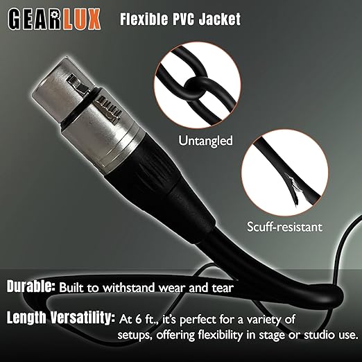 Gearlux XLR Microphone Cable, Fully Balanced, Male to Female, 6 Feet - 2 Pack