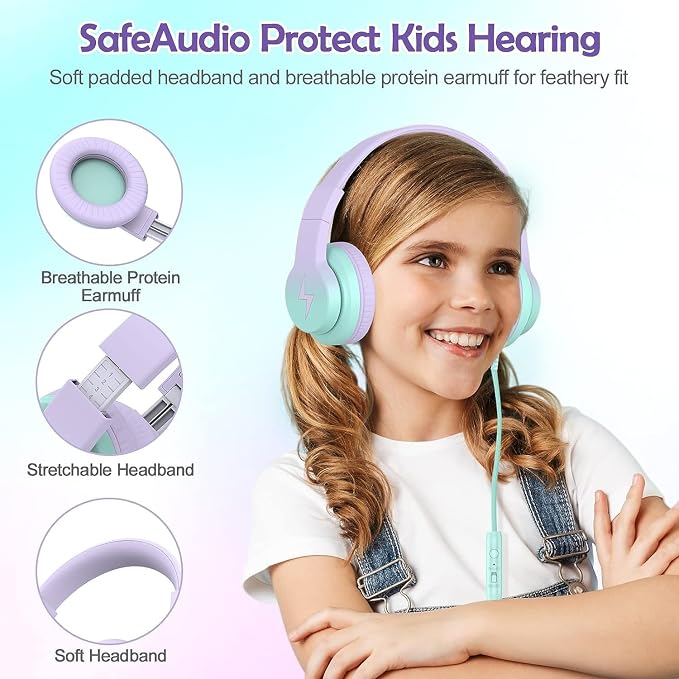 Candy Bila Kids Headphones, Wired Headphones for Kids Over Ear with Microphone, Foldable Headphone for Learning & Entertainment, Gradient Purple