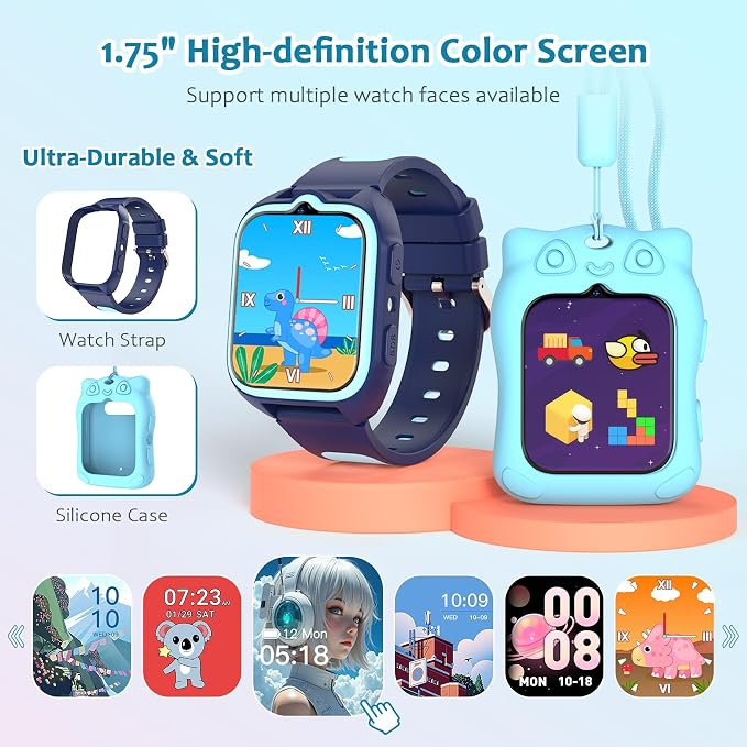 Blackview Kids Smart Watch with 32 Puzzle Games, HD Camera & Video Recording, 1.75" Touch Screen, Flashlight,Music Player, Pedometer, Alarm Clock,Stopwatch,Kids Watch for Boys Ages 4-12