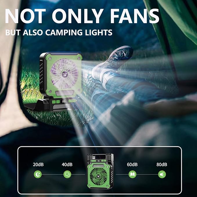 Solar Powered Rechargeable Fan with Light - 3 Speed Portable USB-C Hanger Camping Fan, Power Outage for Home and Kitchen Emergency, Outdoor Tent Fan for Picnic, BBQ and Travel