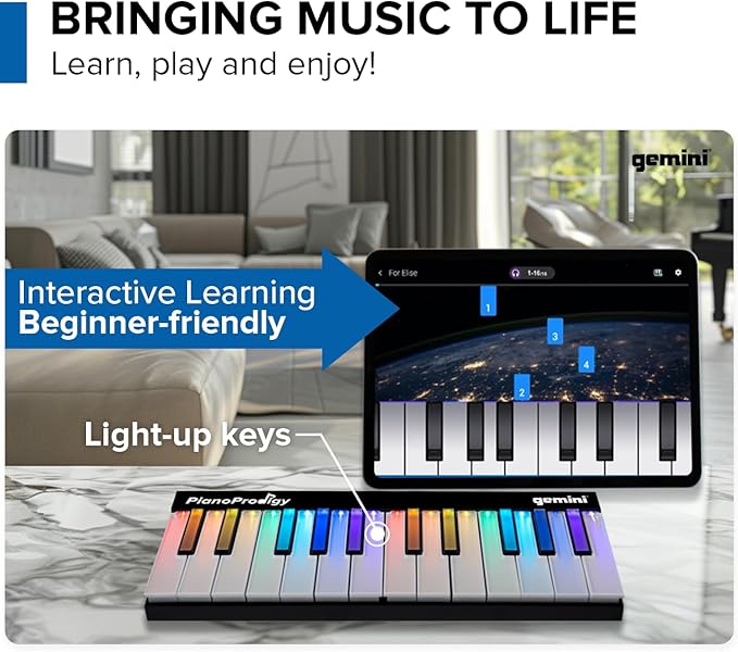 Gemini 24-Key Light-Up MIDI Keyboard, App Lessons (GPP-101) | 24 light-up keys, expandable to 72 - app lessons step by step - wireless to phone/tablet - any MIDI