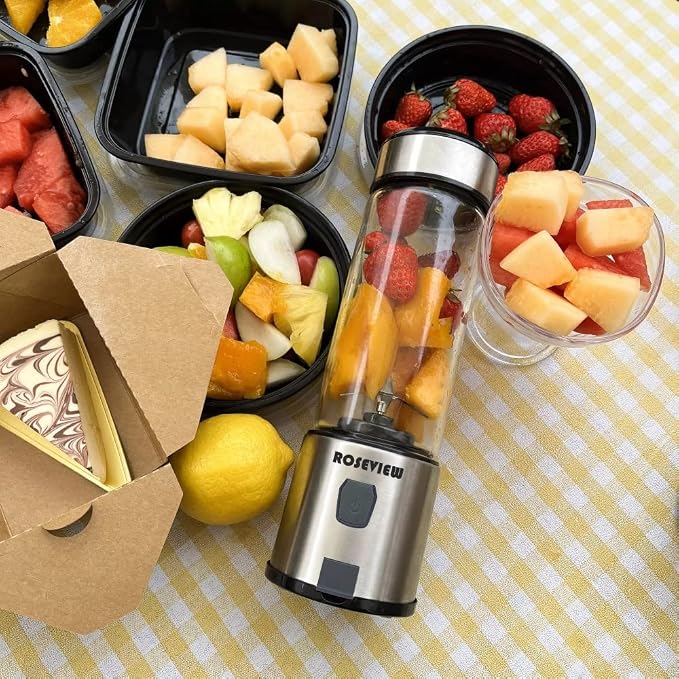 Portable Smoothie Blender ROSEVIEW Glass Cordless Mini Shakes Cup blend for smoothies USB rechargeable juicer 2 battery Handheld Personal travel Jet mixer (Black Steel)