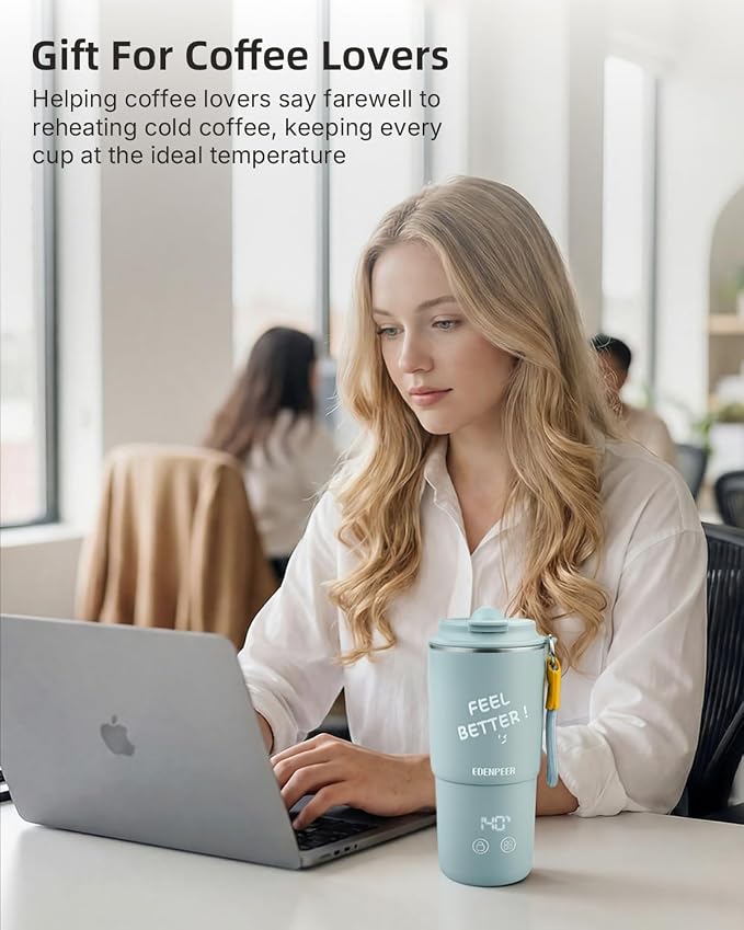 Self Heating Coffee Mug – 14oz Portable Heated Coffee Mug, 120W Fast Heating, 120°F-150°F Temp Control, 8H Heat Retention, Leak-Proof Lid, for Car, Home, Office，Gifts for Women&Men