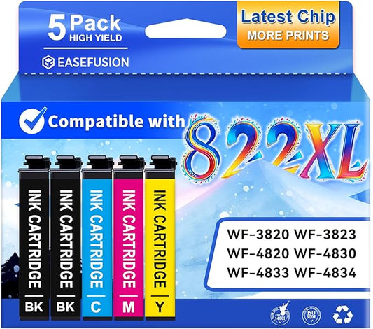 Latest Chip Remanufactured Ink Cartridges Replacement for Epson 822XL 822 XL Ink Cartridges Combo Pack High Capacity Ink Works with Workforce Pro WF-3820, WF-3823, WF-4820, WF-4830, WF-4833, WF-4834