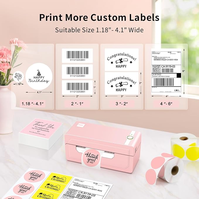 JADENS Pink Thermal Label Printer & 1 Roll Thermal Labels