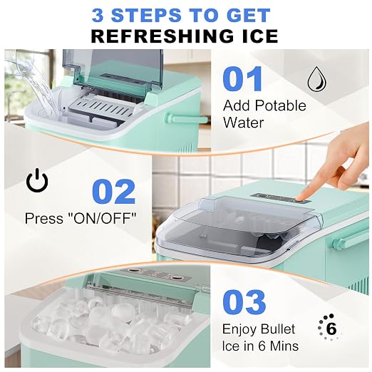 NEWBULIG Ice Makers Countertop with Handle, Portable Ice Machine, 9 Bullet Ice Cubes in 6 Mins, 26lbs in 24Hrs, Auto-Cleaning, with Basket and Scoop, for Home, Kitchen, RV, Camping, Green
