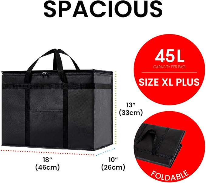 NZ home Insulated Bags for Food Delivery (XL Plus) Grocery Shopping Cooler Bag, Pizza Delivery, Hot & Cold Catering Tote, Reusable, Foldable & Heavy Duty (4 Pack, Black)