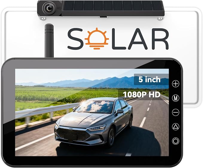 Solar Wireless Backup Camera with 5” IPS Monitor, Reversing System Powered by Rechargeable Battery and Solar Panel, 3-min Easy Installation, IP68 Waterproof, for Car, Trailer, RV, Pickup
