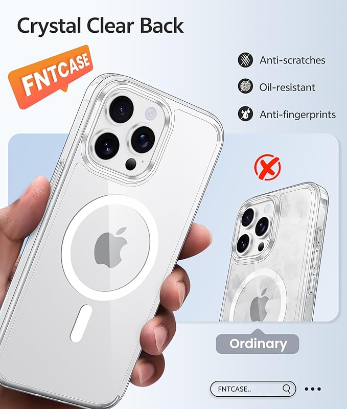 FNTCASE for iPhone 15 Pro Max Case: [Compatible with Magsafe] [Screen Protector] Anti Yellowing Transparent Clear Magnetic Phone Cover - Military Grade Shockproof Drop Proof Protective Cases - Clear